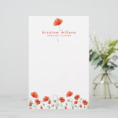 Elegant Red Waterverf Poppy Flowers gepersonalisee Briefpapier (Staand voorkant)