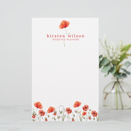 Elegant Red Waterverf Poppy Flowers gepersonalisee Briefpapier (Staand voorkant)