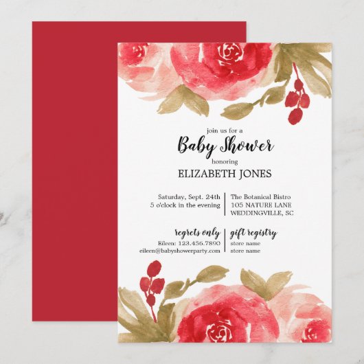 Elegant Red Waterverf Roos Baby shower Kaart (Voorkant / Achterkant)