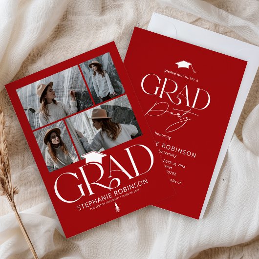 Elegant Red & White 4 Photo Graduation Party Kaart