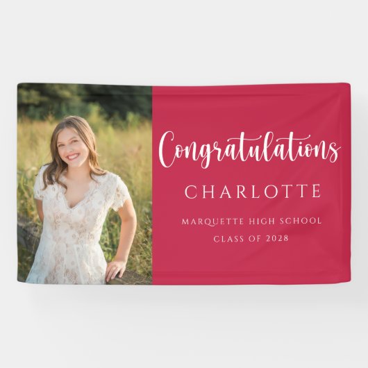 Elegant Red White Afstuderen Foto Spandoek (Horizontaal)