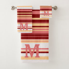 Elegant red white and pink stripes monogram bad handdoek