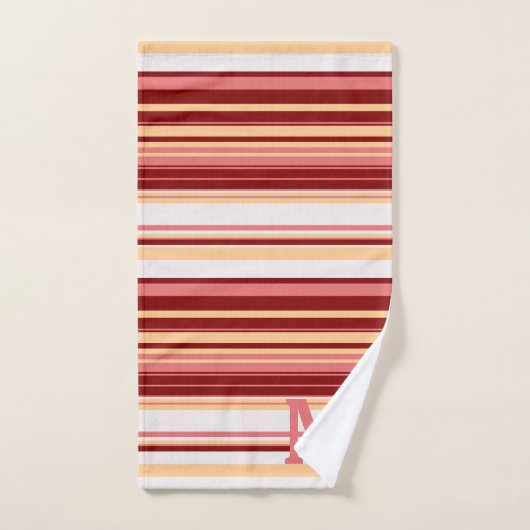 Elegant red white and pink stripes monogram bad handdoek (Handdoek)