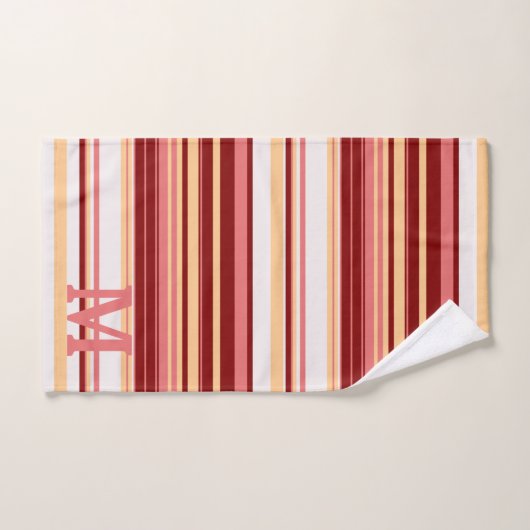Elegant red white and pink stripes monogram bad handdoek (Handdoek)