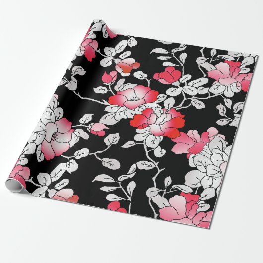 Elegant Red White Black Floral-ontkoppeling Cadeaupapier (Uitgerold)