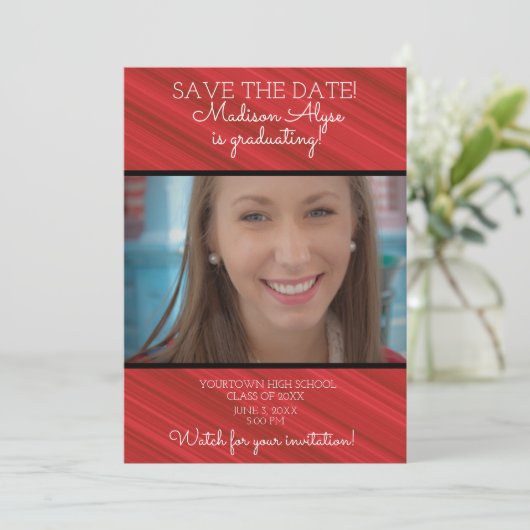 Elegant Red White Black Striped Afstuderen Save The Date (Staand voorkant)