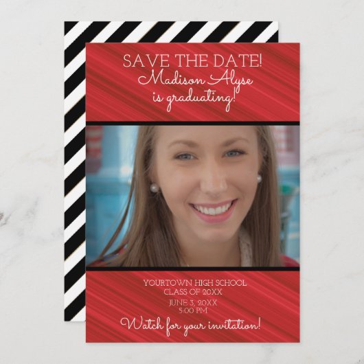 Elegant Red White Black Striped Afstuderen Save The Date (Voorkant / Achterkant)