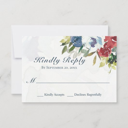 Elegant Red White Blue Floral Waterverf Wedding RSVP Kaartje (Voorkant)