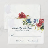 Elegant Red White Blue Floral Waterverf Wedding RSVP Kaartje (Voorkant / Achterkant)