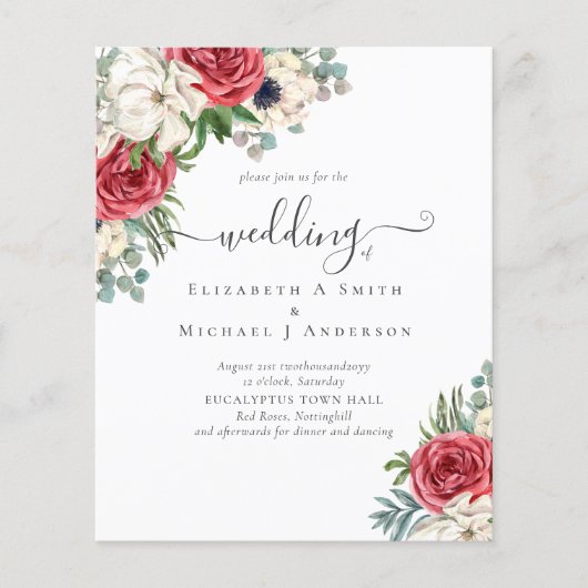 Elegant Red White Blue Floral Wedding Budget Flyer (Voorkant)