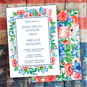Elegant Red White Blue Wedding Rehearsal Dinner Kaart