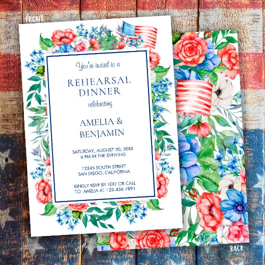 Elegant Red White Blue Wedding Rehearsal Dinner Kaart