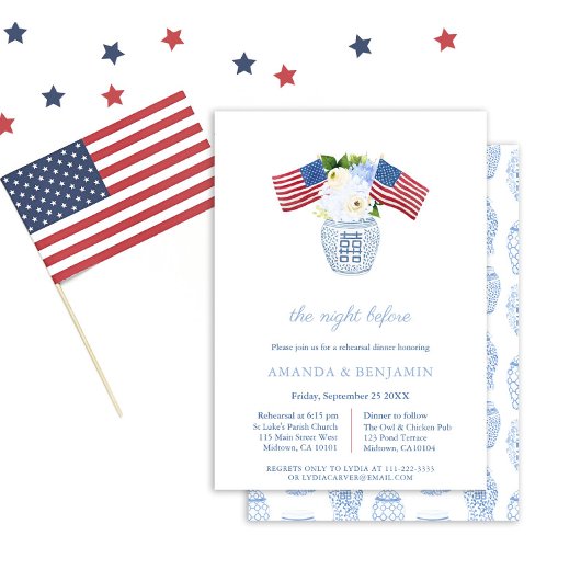Elegant Red White Blue Wedding Rehearsal Dinner Kaart
