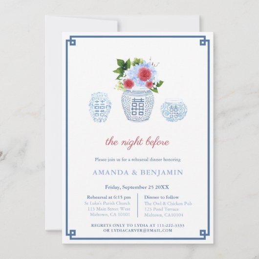 Elegant Red White Blue Wedding Rehearsal Dinner Kaart (Voorkant)