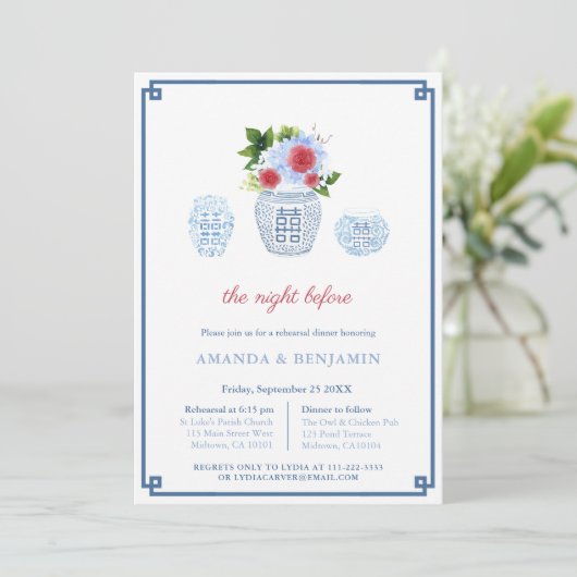 Elegant Red White Blue Wedding Rehearsal Dinner Kaart (Staand voorkant)