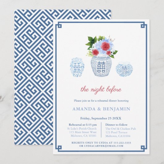 Elegant Red White Blue Wedding Rehearsal Dinner Kaart (Voorkant / Achterkant)