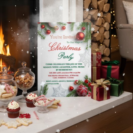 Elegant Red & White Christmas Party Invitation Folie Uitnodiging