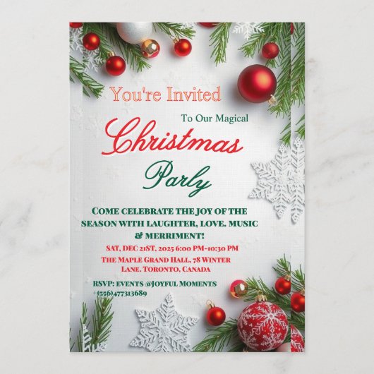 Elegant Red & White Christmas Party Invitation Kaart (Voorkant)