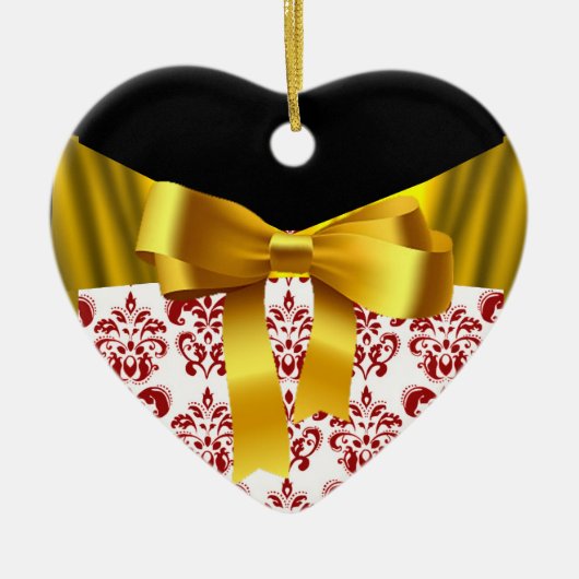 ELEGANT RED WHITE DAMASK GOLD RIBBON MONOGRAM KERAMISCH ORNAMENT (Voorkant)