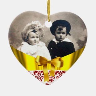 ELEGANT RED WHITE DAMASK RIBBON FOTO TEMPLATE KERAMISCH ORNAMENT