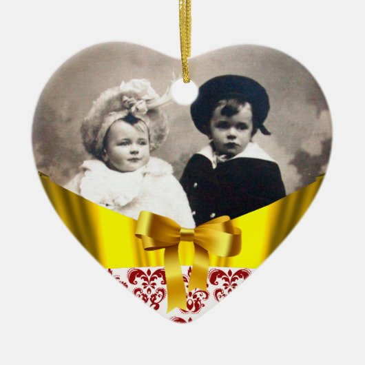 ELEGANT RED WHITE DAMASK RIBBON FOTO TEMPLATE KERAMISCH ORNAMENT (Voorkant)