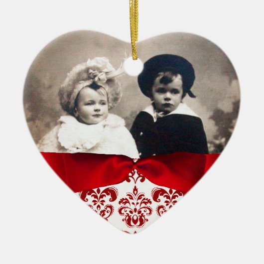 ELEGANT RED WHITE DAMASK RIBBON FOTO TEMPLATE KERAMISCH ORNAMENT (Voorkant)