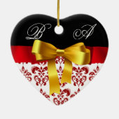 ELEGANT RED WHITE DAMASK RIBBON FOTO TEMPLATE KERAMISCH ORNAMENT (Achterkant)