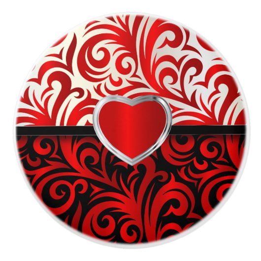 Elegant Red, White en Black Floral Swirls Keramische Knop (Voorkant)