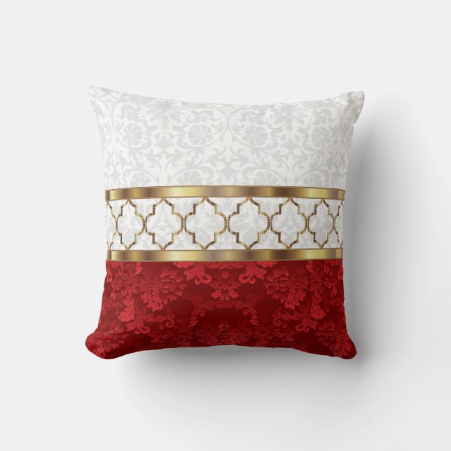 Elegant Red, White en Gold Quatrefoil Patroon Kussen (Voorkant)