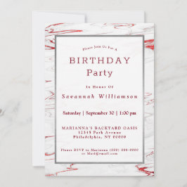 Elegant Red White Faux Marmer Birthday Kaart