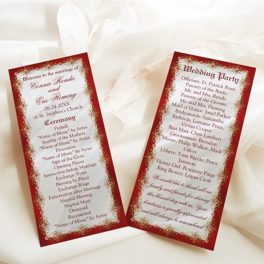 Elegant Red White Filigree Wedding Programmakaart