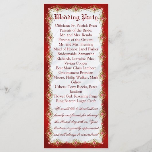 Elegant Red White Filigree Wedding Programmakaart (Achterkant)