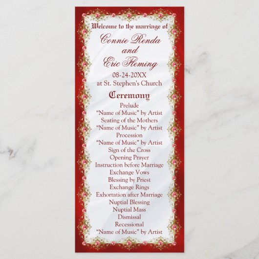 Elegant Red White Filigree Wedding Programmakaart (Voorkant)