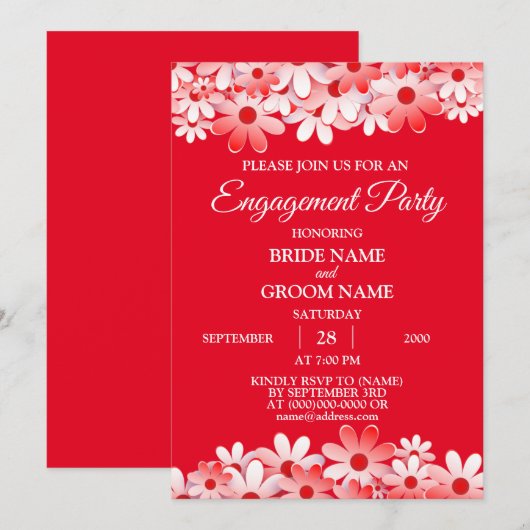 Elegant Red White Floral Engagement Party Kaart (Voorkant / Achterkant)