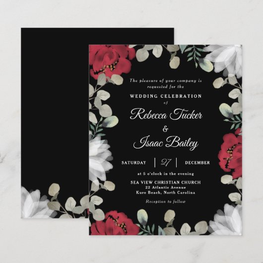 Elegant Red White Floral Greenery Wedding Invite (Voorkant / Achterkant)