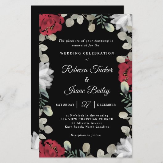 Elegant Red White Floral Greenery Wedding Invite (Voorkant / Achterkant)