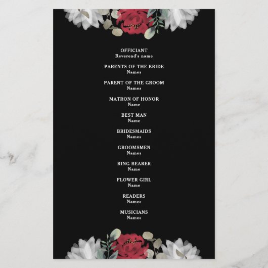 Elegant Red White Floral Greenery Wedding Programm (Achterkant)