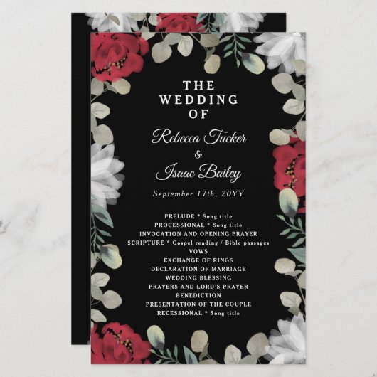 Elegant Red White Floral Greenery Wedding Programm (Voorkant / Achterkant)