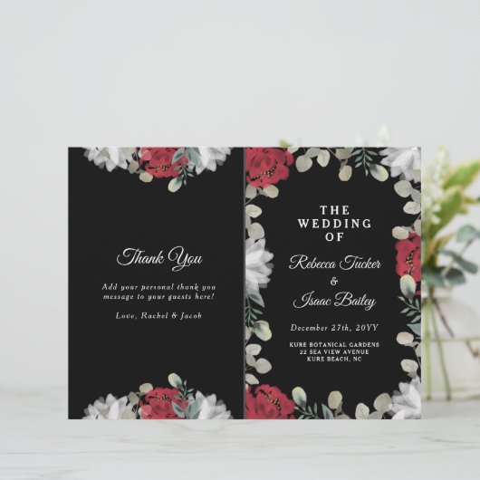 Elegant Red White Floral Greenery Wedding Programm (Staand voorkant)