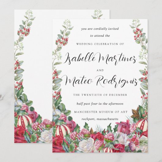 Elegant Red White Floral kerstbruiloft Kaart (Voorkant / Achterkant)