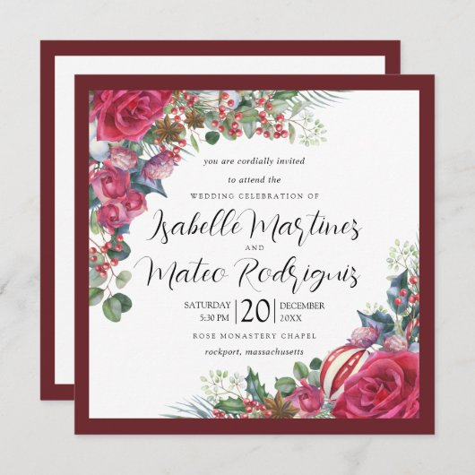 Elegant Red White Floral kerstbruiloft Square Kaart (Voorkant / Achterkant)