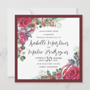 Elegant Red White Floral kerstbruiloft Square Kaart