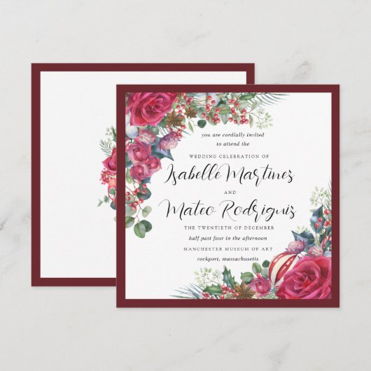 Elegant Red White Floral kerstbruiloft Square Kaart (Voorkant / Achterkant)