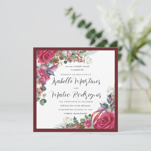 Elegant Red White Floral kerstbruiloft Square Kaart (Staand voorkant)