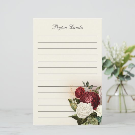 Elegant Red White  Floral Lined Name (Staand voorkant)