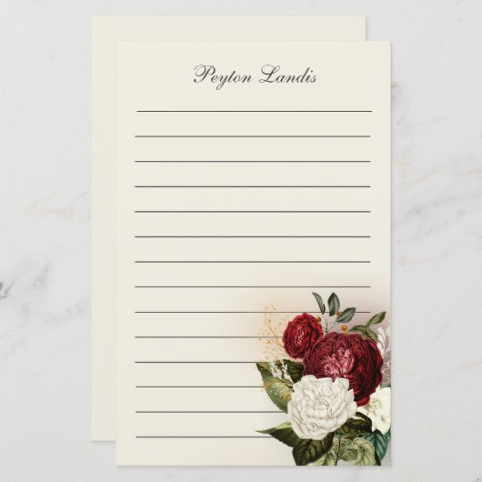 Elegant Red White Floral Lined Name (Voorkant / Achterkant)