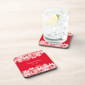 Elegant Red White Floral Name Bier Onderzetter (Rechterzijde)