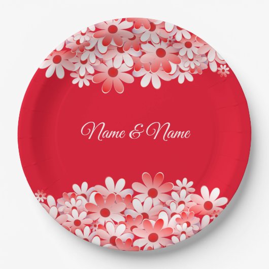 Elegant Red White Floral Name Party Papieren Bordje (Voorkant)