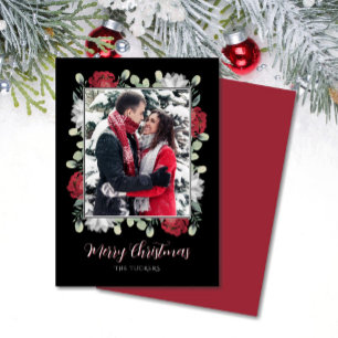 Elegant Red White Floral op zwarte kerstfoto Feestdagenkaart
