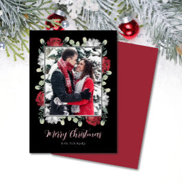 Elegant Red White Floral op zwarte kerstfoto Feestdagenkaart